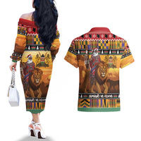 Kenya Safari Christmas Couples Matching Off The Shoulder Long Sleeve Dress and Hawaiian Shirt Black Santa Riding Lion - Heri ya Krismasi - Wonder Print Shop