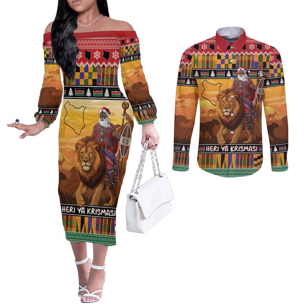 Kenya Safari Christmas Couples Matching Off The Shoulder Long Sleeve Dress and Long Sleeve Button Shirt Black Santa Riding Lion - Heri ya Krismasi - Wonder Print Shop