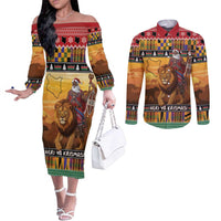 Kenya Safari Christmas Couples Matching Off The Shoulder Long Sleeve Dress and Long Sleeve Button Shirt Black Santa Riding Lion - Heri ya Krismasi - Wonder Print Shop