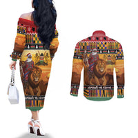 Kenya Safari Christmas Couples Matching Off The Shoulder Long Sleeve Dress and Long Sleeve Button Shirt Black Santa Riding Lion - Heri ya Krismasi - Wonder Print Shop