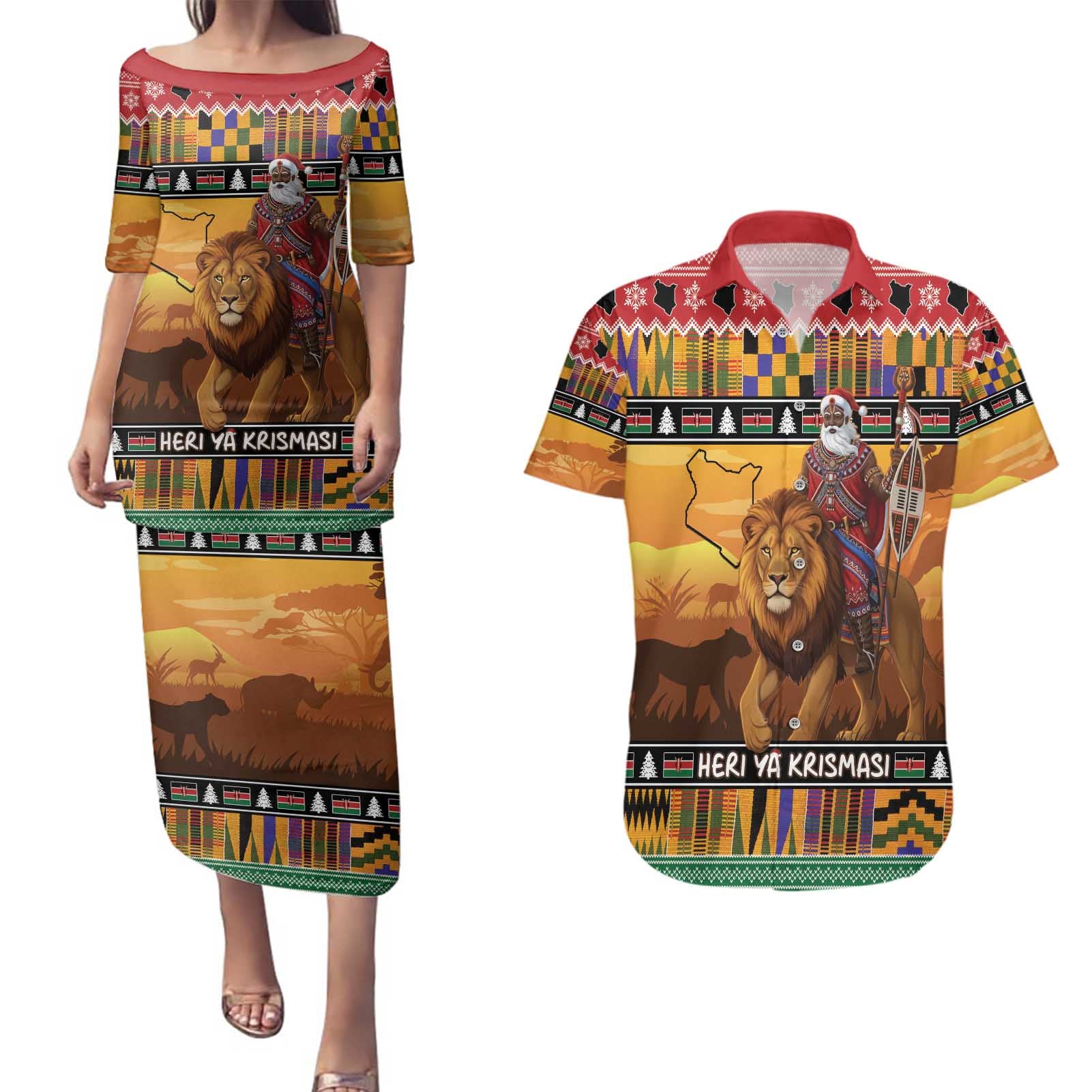 Kenya Safari Christmas Couples Matching Puletasi and Hawaiian Shirt Black Santa Riding Lion - Heri ya Krismasi - Wonder Print Shop