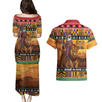 Kenya Safari Christmas Couples Matching Puletasi and Hawaiian Shirt Black Santa Riding Lion - Heri ya Krismasi - Wonder Print Shop