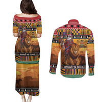 Kenya Safari Christmas Couples Matching Puletasi and Long Sleeve Button Shirt Black Santa Riding Lion - Heri ya Krismasi - Wonder Print Shop