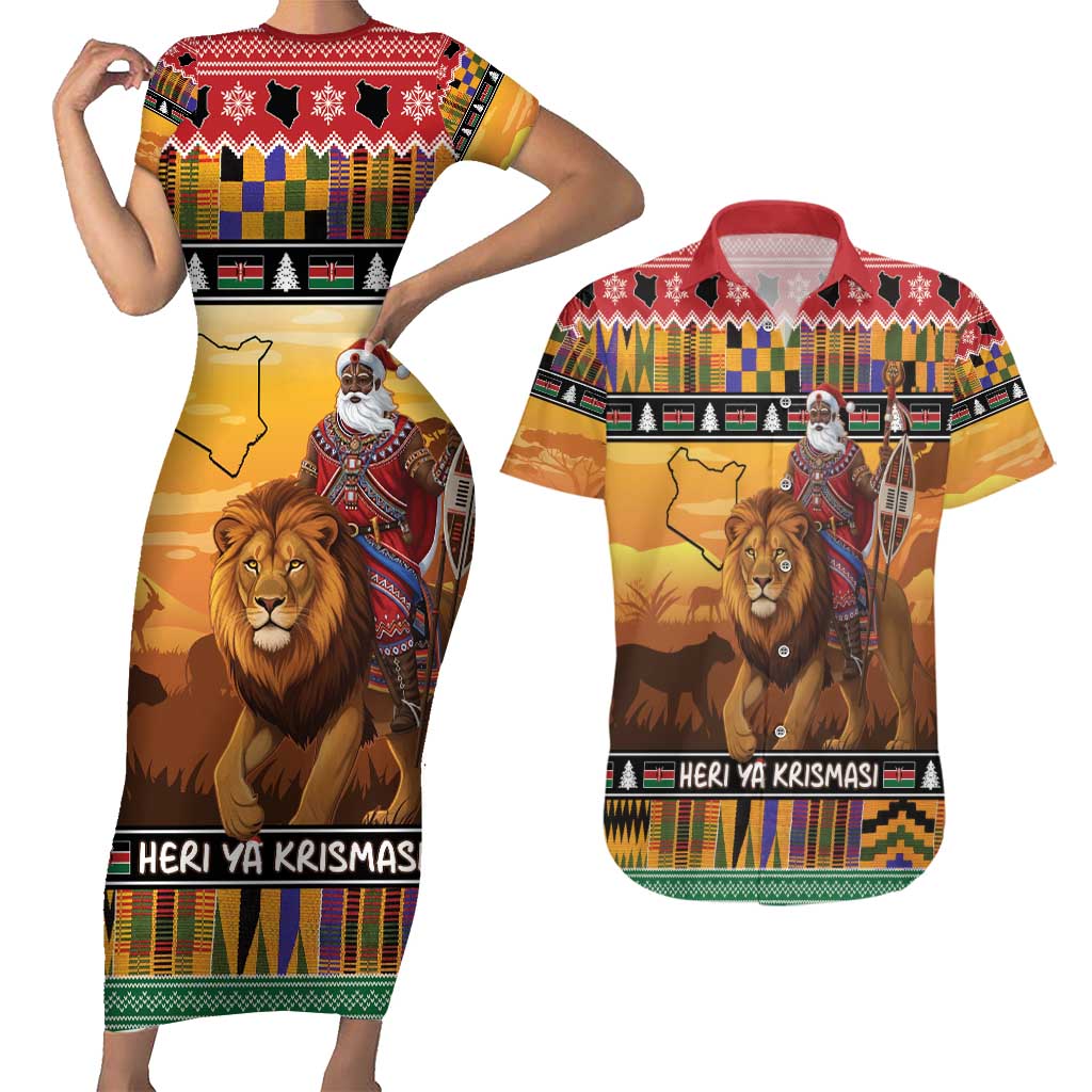 Kenya Safari Christmas Couples Matching Short Sleeve Bodycon Dress and Hawaiian Shirt Black Santa Riding Lion - Heri ya Krismasi - Wonder Print Shop