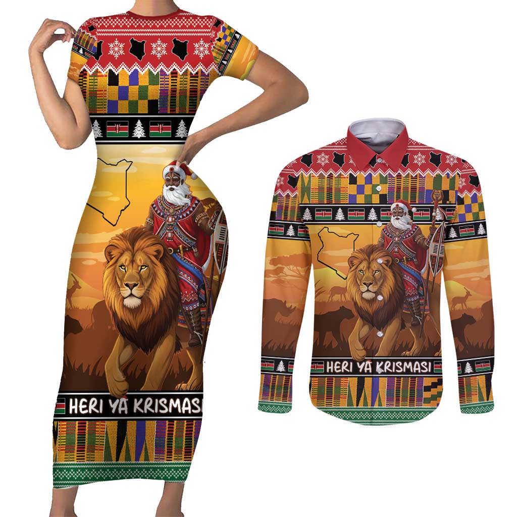 Kenya Safari Christmas Couples Matching Short Sleeve Bodycon Dress and Long Sleeve Button Shirt Black Santa Riding Lion - Heri ya Krismasi - Wonder Print Shop