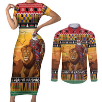 Kenya Safari Christmas Couples Matching Short Sleeve Bodycon Dress and Long Sleeve Button Shirt Black Santa Riding Lion - Heri ya Krismasi - Wonder Print Shop