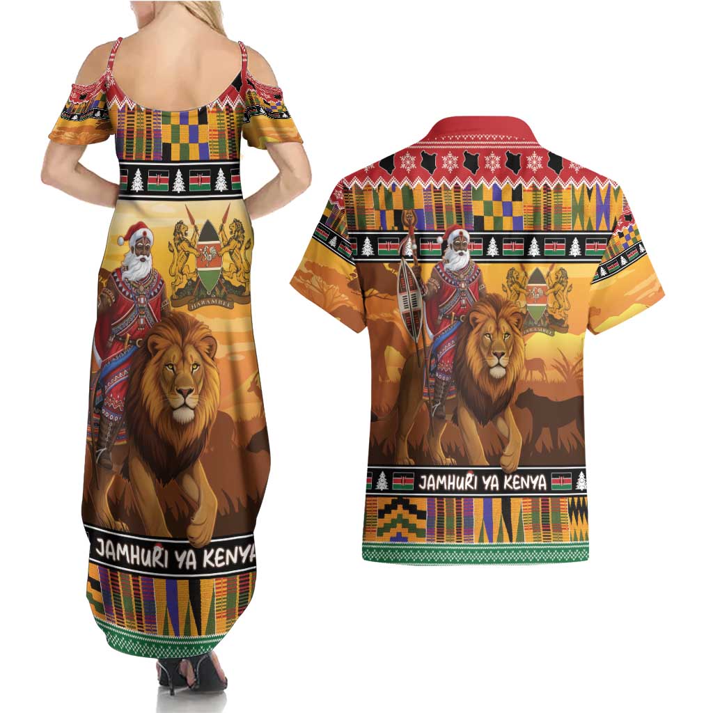 Kenya Safari Christmas Couples Matching Summer Maxi Dress and Hawaiian Shirt Black Santa Riding Lion - Heri ya Krismasi - Wonder Print Shop