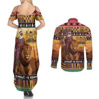 Kenya Safari Christmas Couples Matching Summer Maxi Dress and Long Sleeve Button Shirt Black Santa Riding Lion - Heri ya Krismasi - Wonder Print Shop