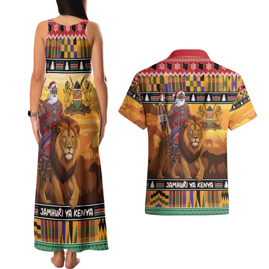 Kenya Safari Christmas Couples Matching Tank Maxi Dress and Hawaiian Shirt Black Santa Riding Lion - Heri ya Krismasi - Wonder Print Shop