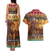 Kenya Safari Christmas Couples Matching Tank Maxi Dress and Hawaiian Shirt Black Santa Riding Lion - Heri ya Krismasi - Wonder Print Shop