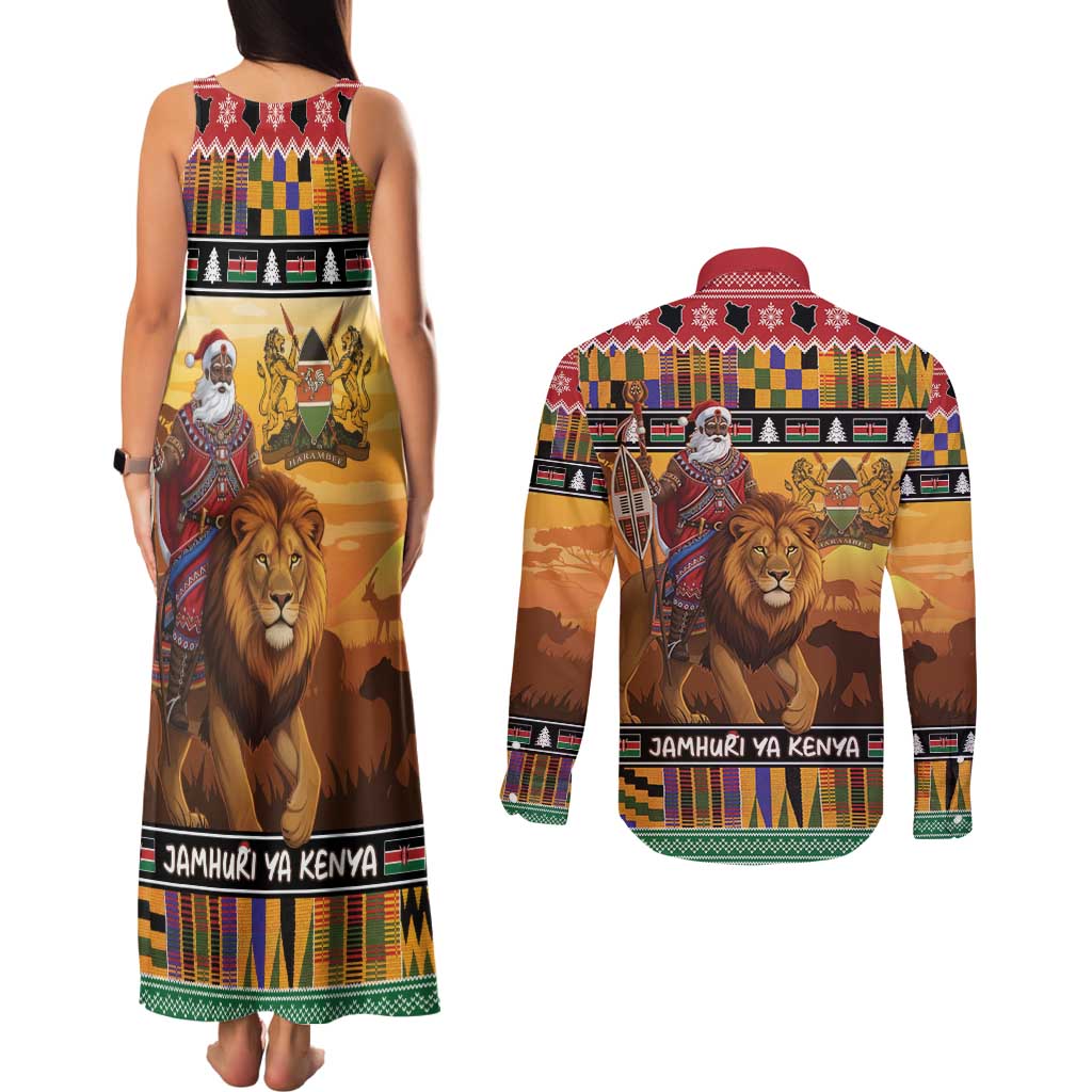 Kenya Safari Christmas Couples Matching Tank Maxi Dress and Long Sleeve Button Shirt Black Santa Riding Lion - Heri ya Krismasi - Wonder Print Shop