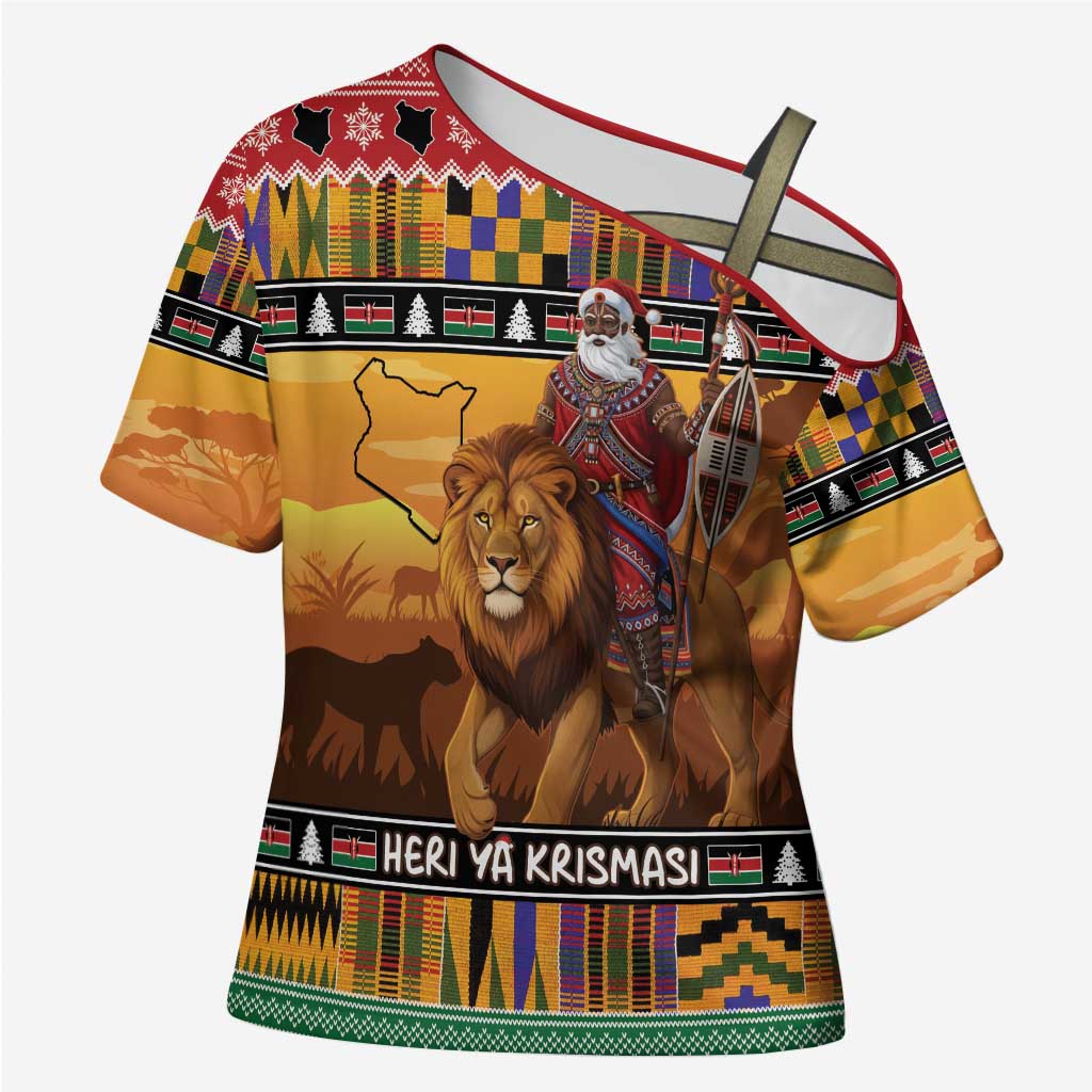 Kenya Safari Christmas Cross Shoulder Shirt Black Santa Riding Lion - Heri ya Krismasi - Wonder Print Shop