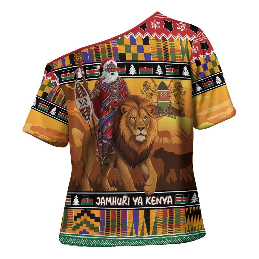 Kenya Safari Christmas Cross Shoulder Shirt Black Santa Riding Lion - Heri ya Krismasi - Wonder Print Shop