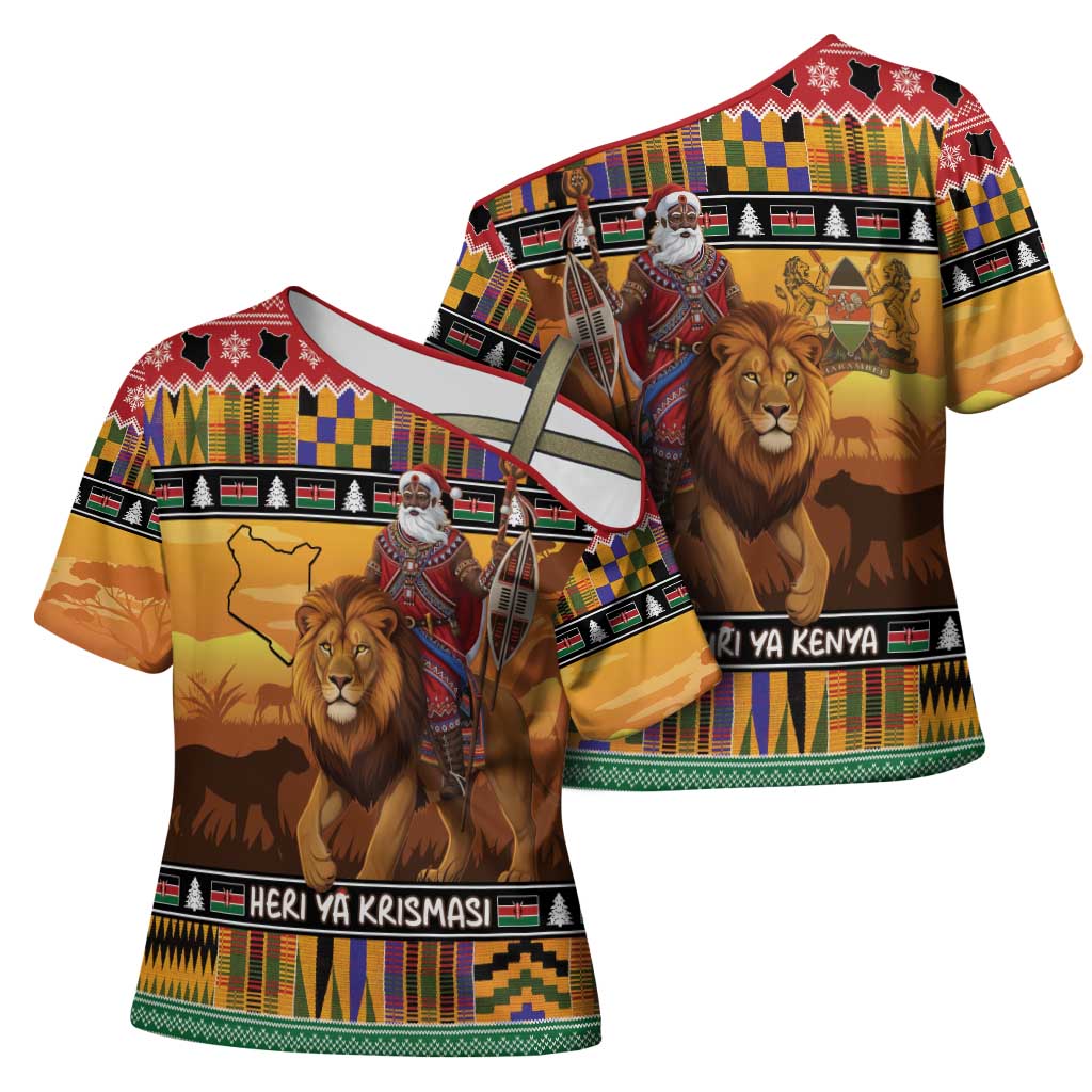 Kenya Safari Christmas Cross Shoulder Shirt Black Santa Riding Lion - Heri ya Krismasi - Wonder Print Shop