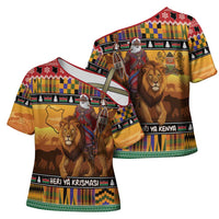 Kenya Safari Christmas Cross Shoulder Shirt Black Santa Riding Lion - Heri ya Krismasi - Wonder Print Shop