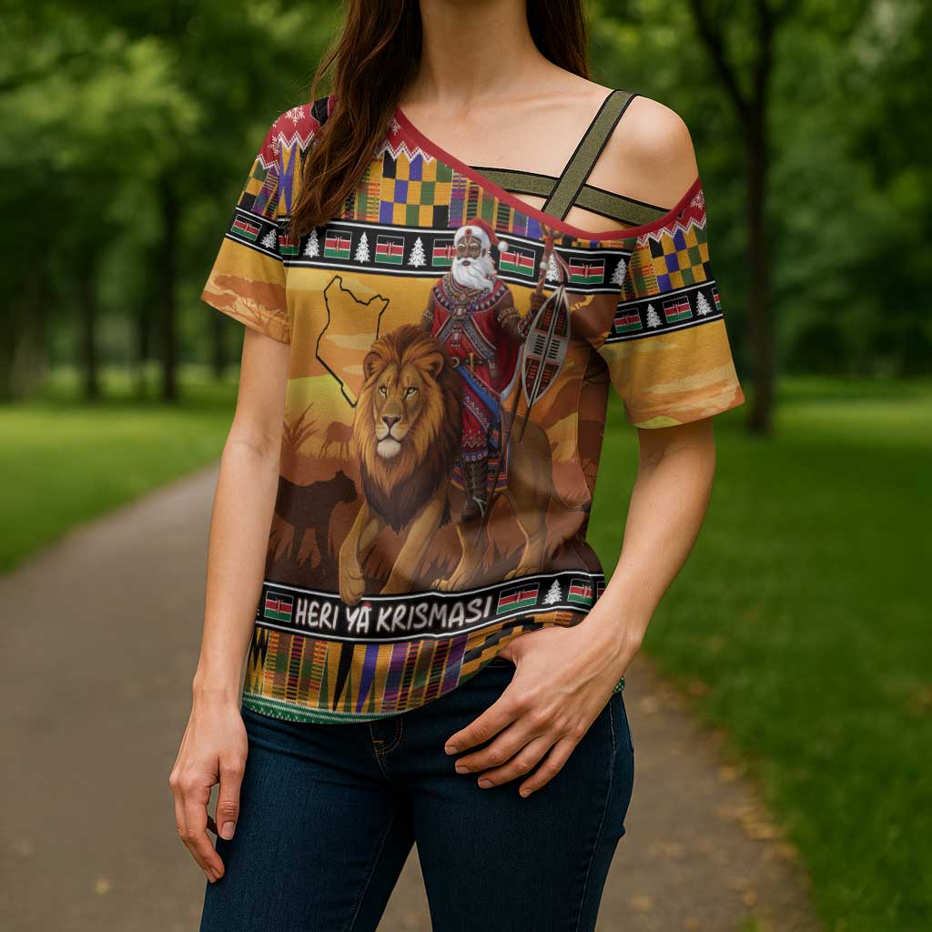 Kenya Safari Christmas Cross Shoulder Shirt Black Santa Riding Lion - Heri ya Krismasi - Wonder Print Shop