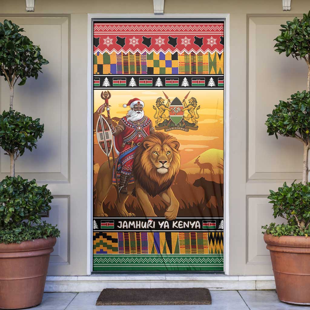 Kenya Safari Christmas Door Cover Black Santa Riding Lion - Heri ya Krismasi - Wonder Print Shop