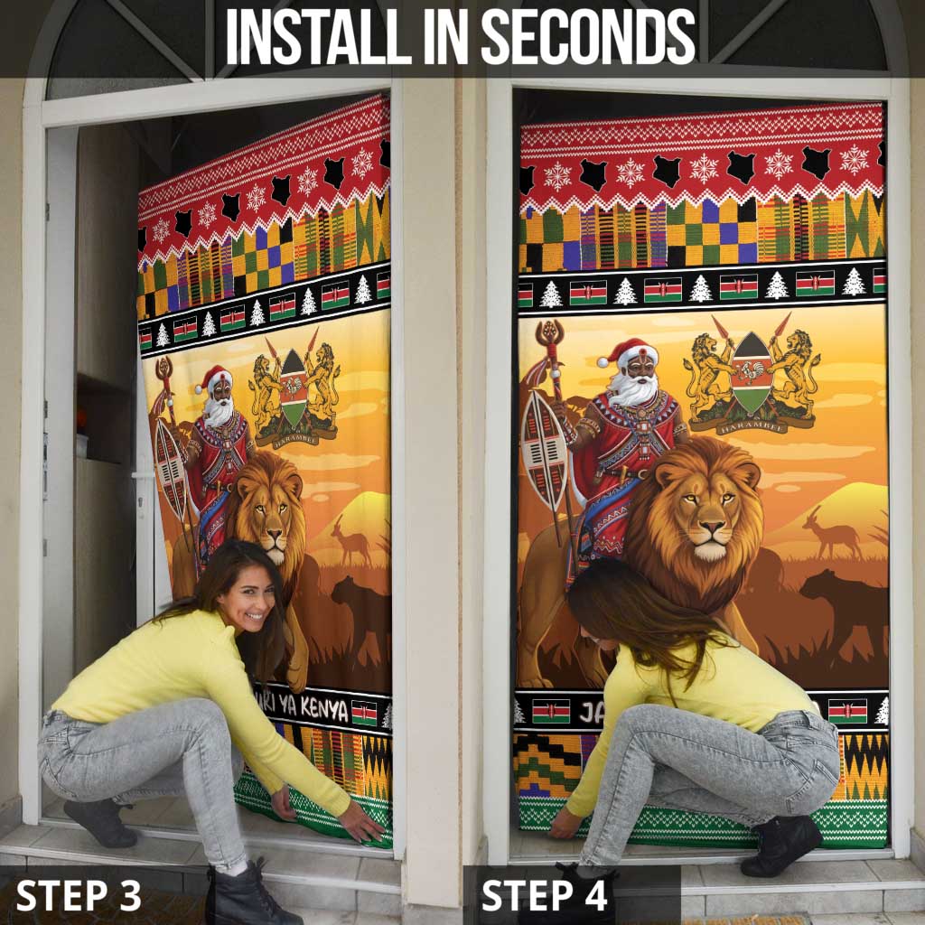 Kenya Safari Christmas Door Cover Black Santa Riding Lion - Heri ya Krismasi - Wonder Print Shop