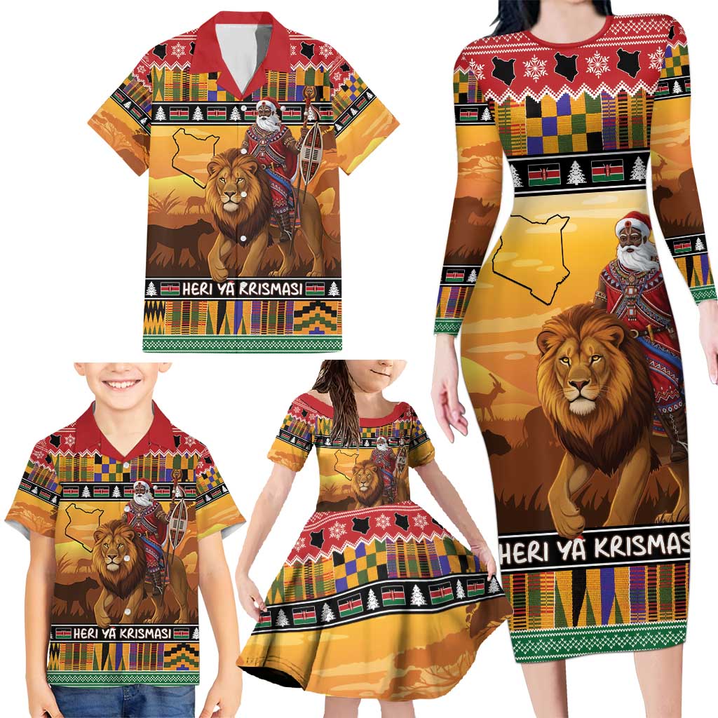 Kenya Safari Christmas Family Matching Long Sleeve Bodycon Dress and Hawaiian Shirt Black Santa Riding Lion - Heri ya Krismasi - Wonder Print Shop