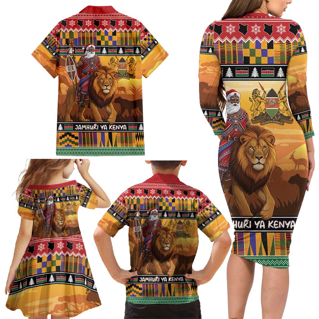 Kenya Safari Christmas Family Matching Long Sleeve Bodycon Dress and Hawaiian Shirt Black Santa Riding Lion - Heri ya Krismasi - Wonder Print Shop