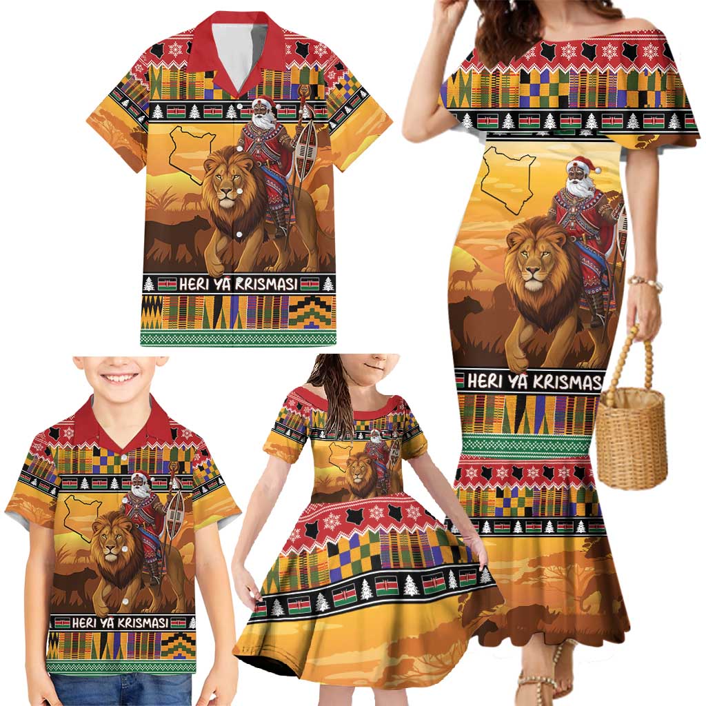 Kenya Safari Christmas Family Matching Mermaid Dress and Hawaiian Shirt Black Santa Riding Lion - Heri ya Krismasi - Wonder Print Shop