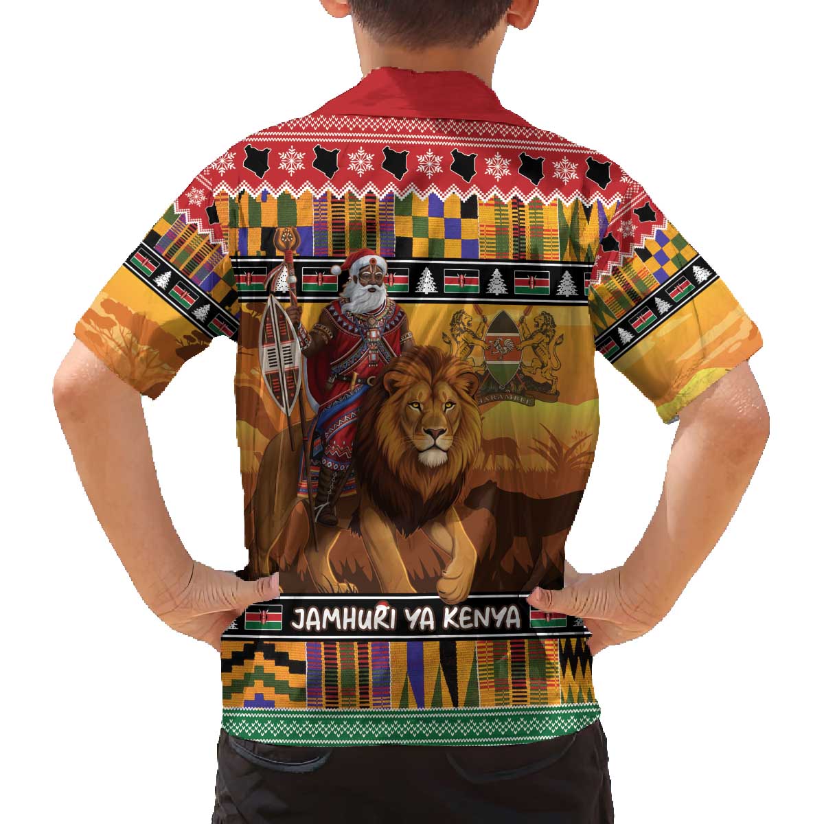 Kenya Safari Christmas Family Matching Off The Shoulder Long Sleeve Dress and Hawaiian Shirt Black Santa Riding Lion - Heri ya Krismasi - Wonder Print Shop