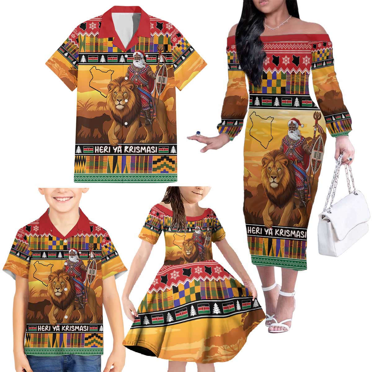 Kenya Safari Christmas Family Matching Off The Shoulder Long Sleeve Dress and Hawaiian Shirt Black Santa Riding Lion - Heri ya Krismasi - Wonder Print Shop