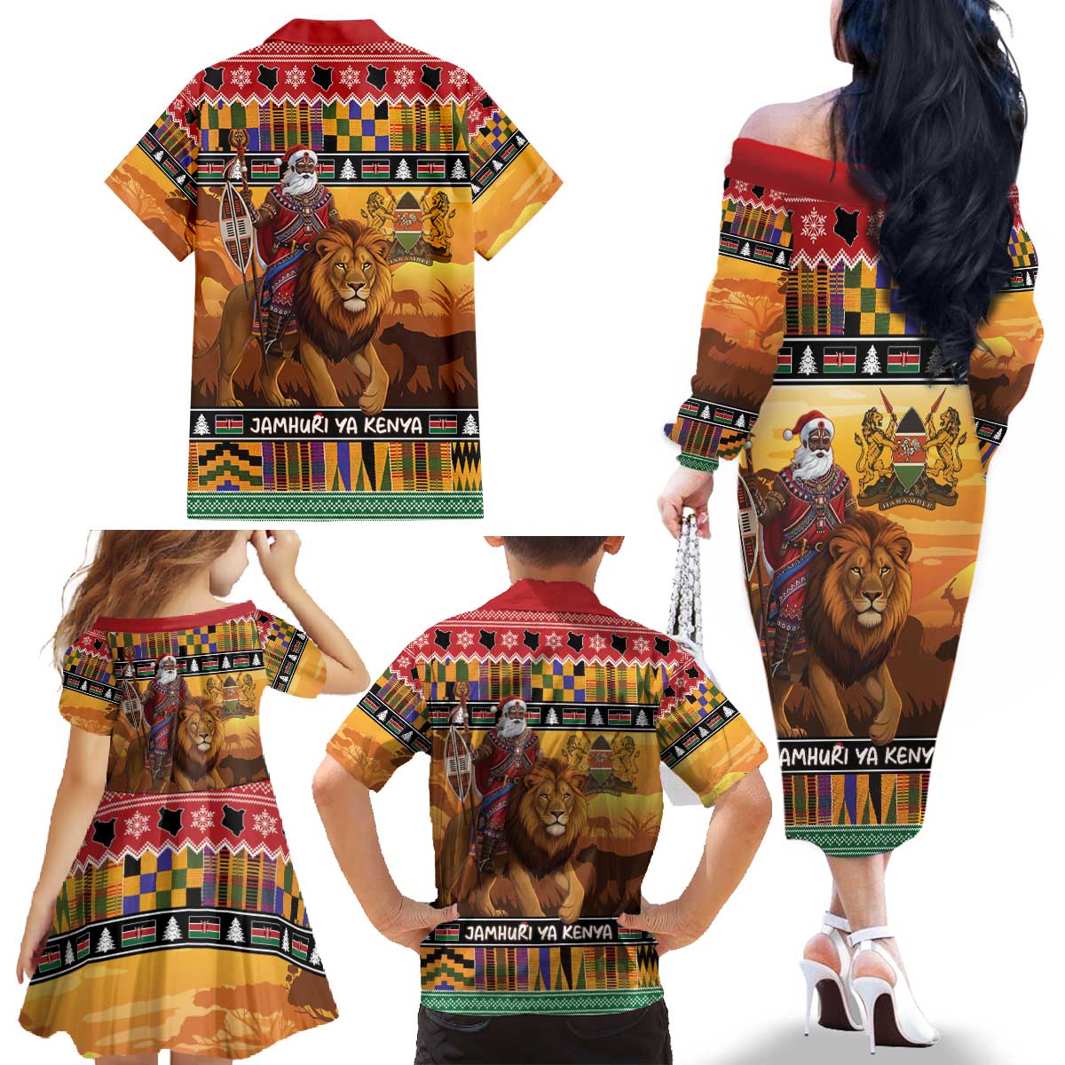 Kenya Safari Christmas Family Matching Off The Shoulder Long Sleeve Dress and Hawaiian Shirt Black Santa Riding Lion - Heri ya Krismasi - Wonder Print Shop