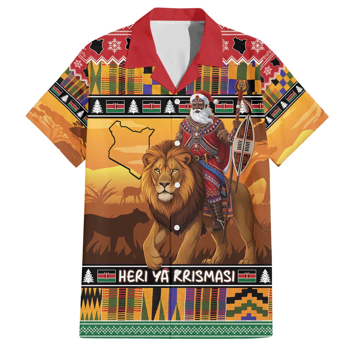 Kenya Safari Christmas Family Matching Off The Shoulder Long Sleeve Dress and Hawaiian Shirt Black Santa Riding Lion - Heri ya Krismasi - Wonder Print Shop