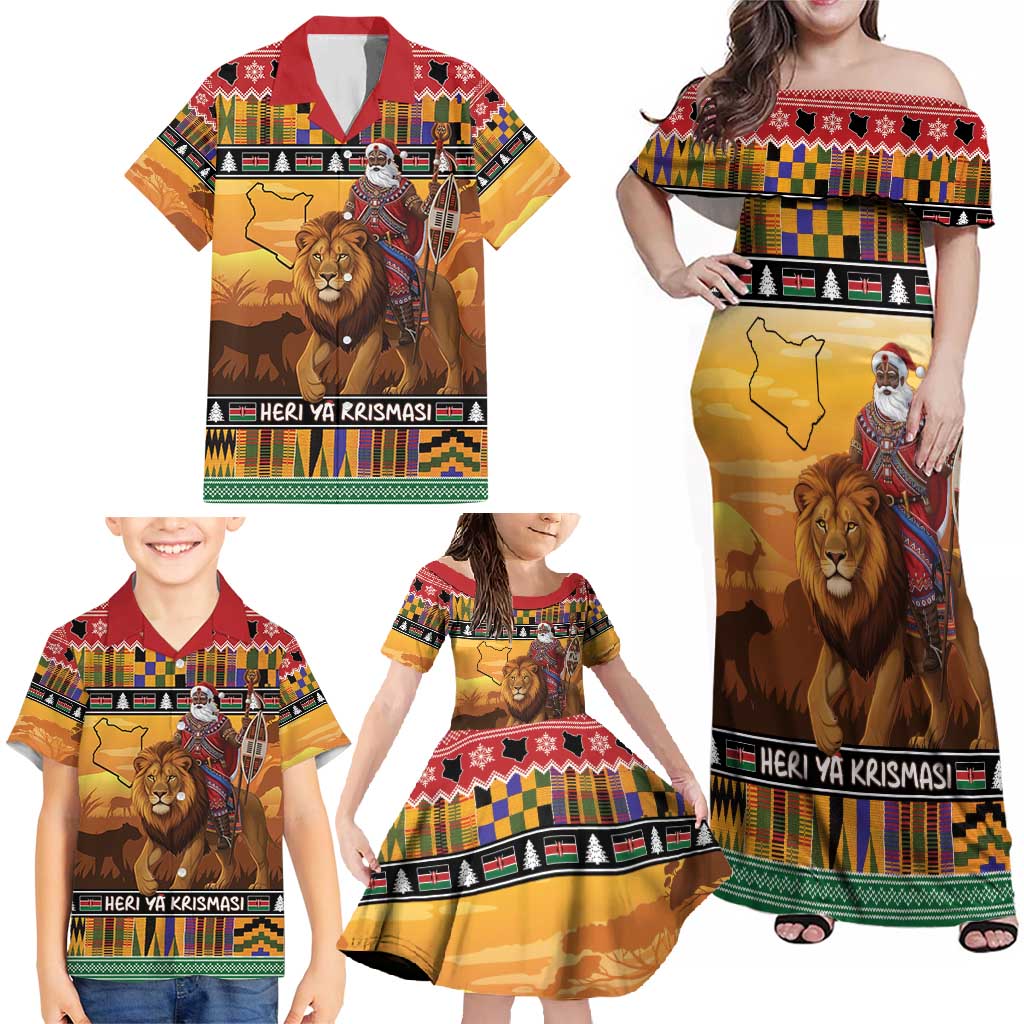 Kenya Safari Christmas Family Matching Off Shoulder Maxi Dress and Hawaiian Shirt Black Santa Riding Lion - Heri ya Krismasi - Wonder Print Shop