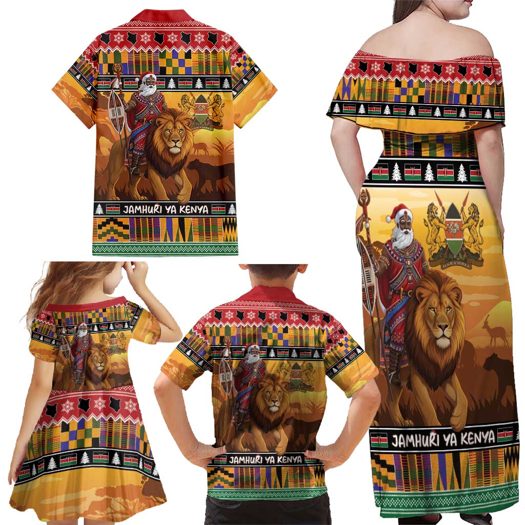 Kenya Safari Christmas Family Matching Off Shoulder Maxi Dress and Hawaiian Shirt Black Santa Riding Lion - Heri ya Krismasi - Wonder Print Shop