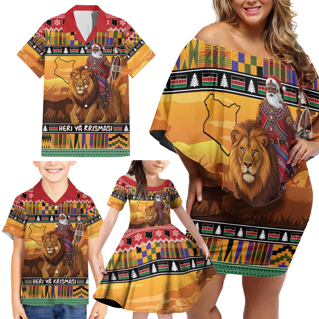Kenya Safari Christmas Family Matching Off Shoulder Short Dress and Hawaiian Shirt Black Santa Riding Lion - Heri ya Krismasi - Wonder Print Shop