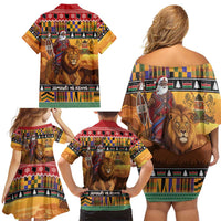 Kenya Safari Christmas Family Matching Off Shoulder Short Dress and Hawaiian Shirt Black Santa Riding Lion - Heri ya Krismasi - Wonder Print Shop