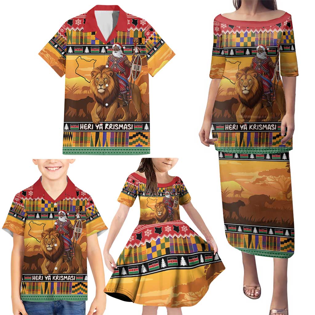 Kenya Safari Christmas Family Matching Puletasi and Hawaiian Shirt Black Santa Riding Lion - Heri ya Krismasi - Wonder Print Shop
