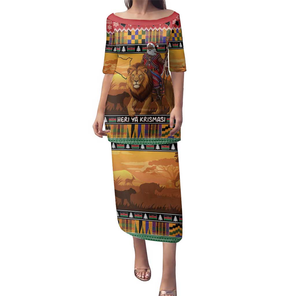 Kenya Safari Christmas Family Matching Puletasi and Hawaiian Shirt Black Santa Riding Lion - Heri ya Krismasi - Wonder Print Shop