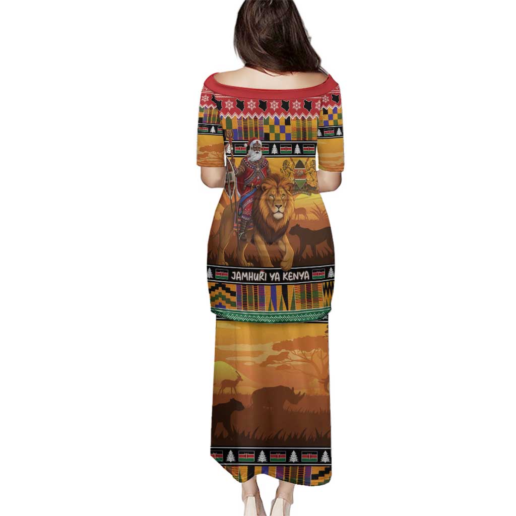 Kenya Safari Christmas Family Matching Puletasi and Hawaiian Shirt Black Santa Riding Lion - Heri ya Krismasi - Wonder Print Shop