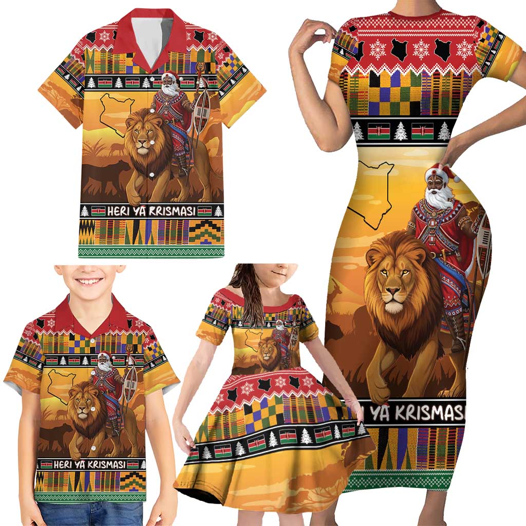 Kenya Safari Christmas Family Matching Short Sleeve Bodycon Dress and Hawaiian Shirt Black Santa Riding Lion - Heri ya Krismasi - Wonder Print Shop