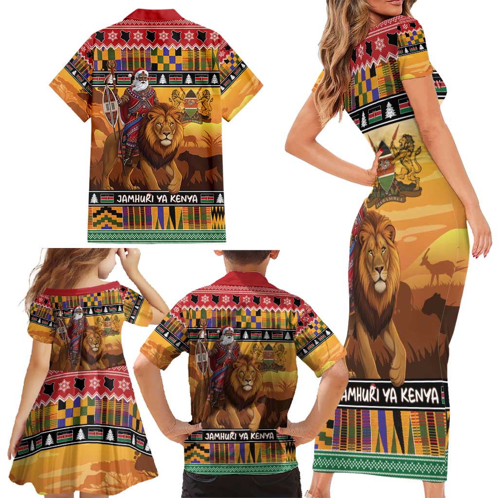 Kenya Safari Christmas Family Matching Short Sleeve Bodycon Dress and Hawaiian Shirt Black Santa Riding Lion - Heri ya Krismasi - Wonder Print Shop