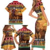 Kenya Safari Christmas Family Matching Short Sleeve Bodycon Dress and Hawaiian Shirt Black Santa Riding Lion - Heri ya Krismasi - Wonder Print Shop