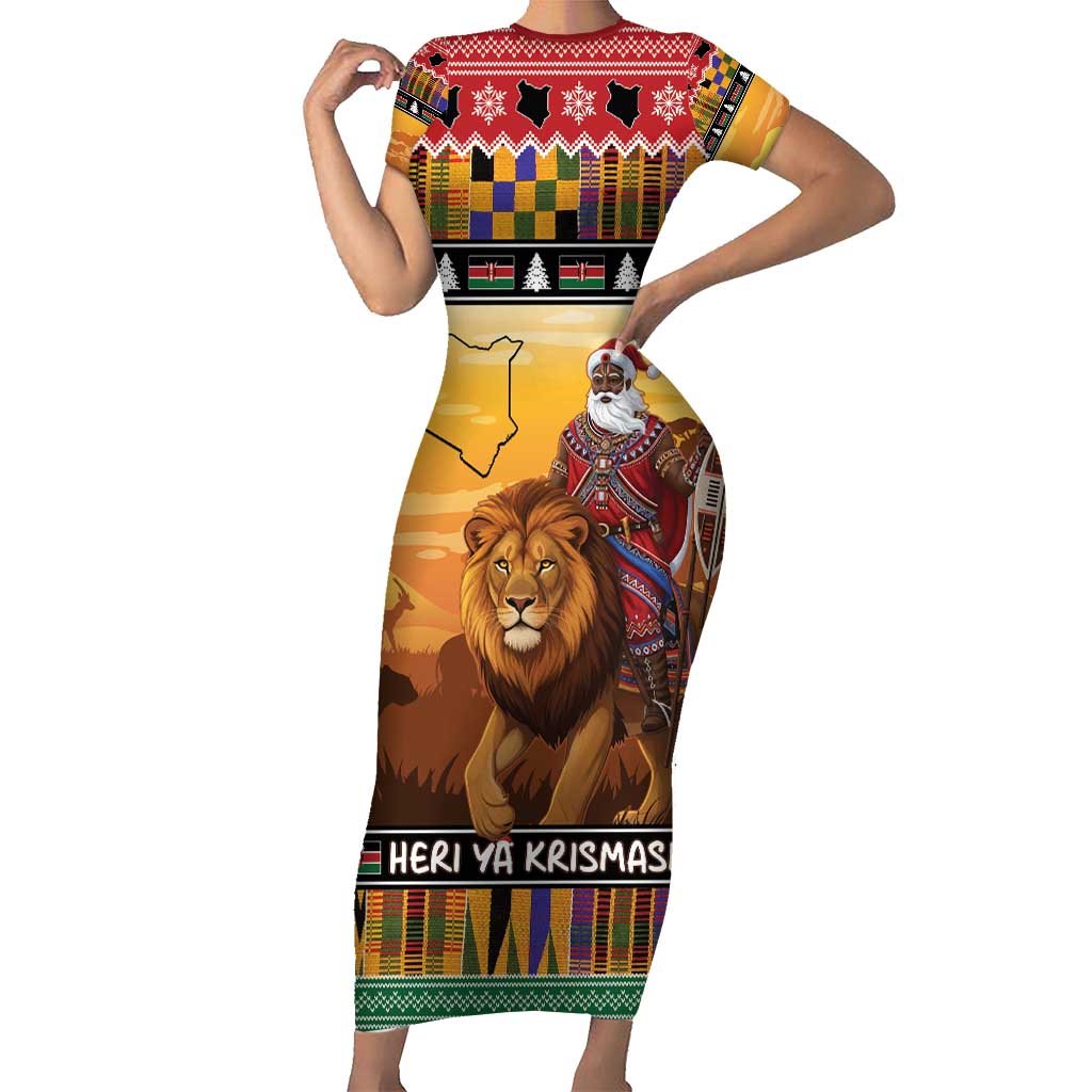 Kenya Safari Christmas Family Matching Short Sleeve Bodycon Dress and Hawaiian Shirt Black Santa Riding Lion - Heri ya Krismasi - Wonder Print Shop