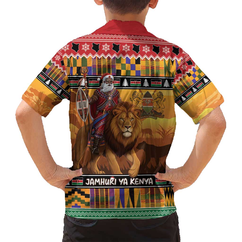 Kenya Safari Christmas Family Matching Tank Maxi Dress and Hawaiian Shirt Black Santa Riding Lion - Heri ya Krismasi - Wonder Print Shop