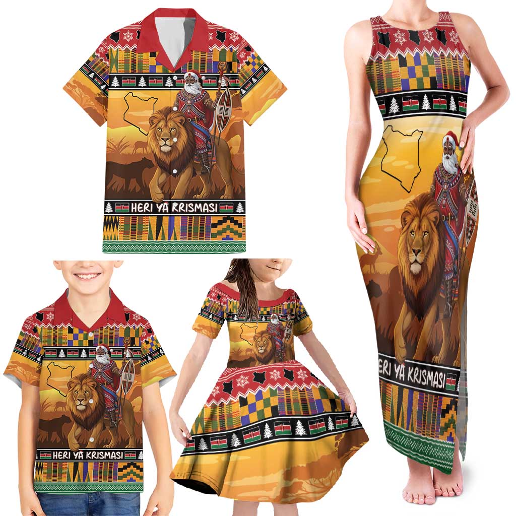 Kenya Safari Christmas Family Matching Tank Maxi Dress and Hawaiian Shirt Black Santa Riding Lion - Heri ya Krismasi - Wonder Print Shop
