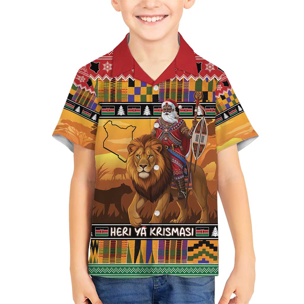 Kenya Safari Christmas Family Matching Tank Maxi Dress and Hawaiian Shirt Black Santa Riding Lion - Heri ya Krismasi - Wonder Print Shop