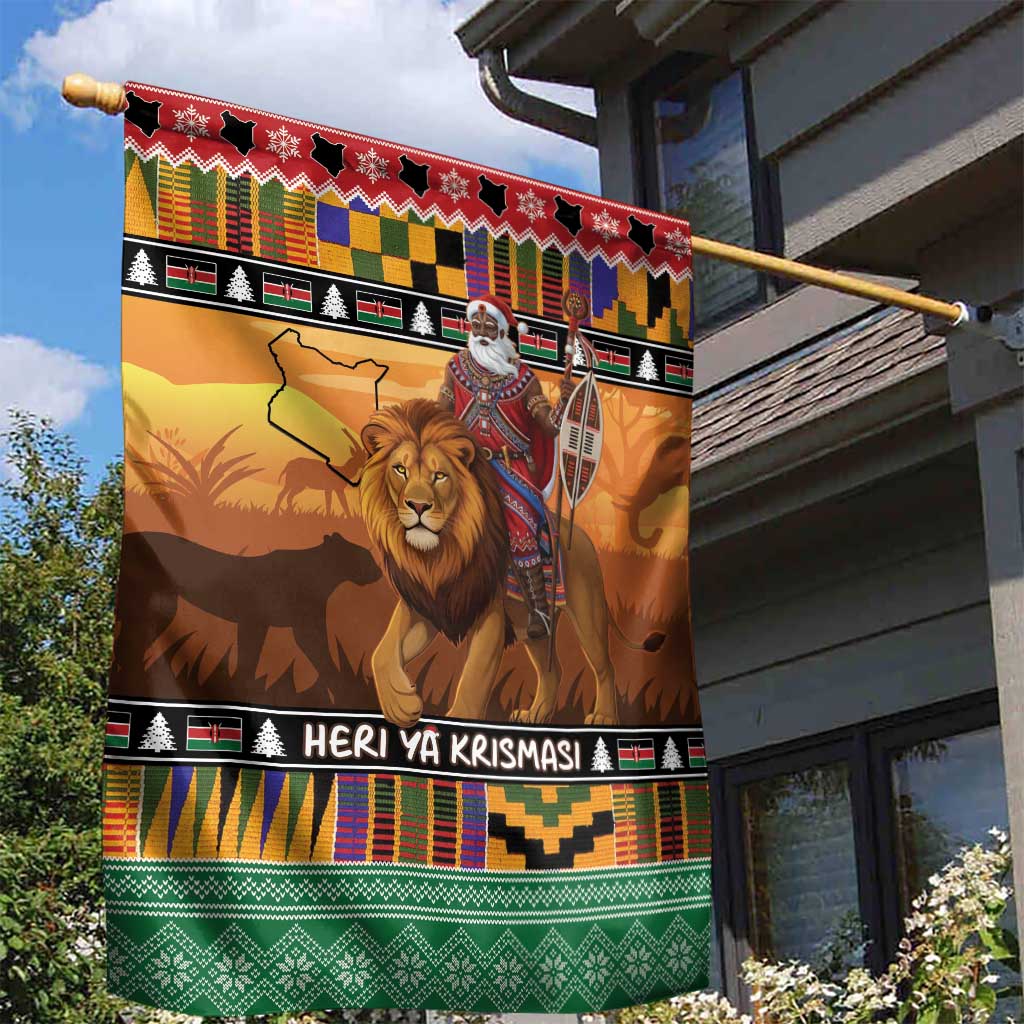 Kenya Safari Christmas Garden Flag Black Santa Riding Lion - Heri ya Krismasi - Wonder Print Shop