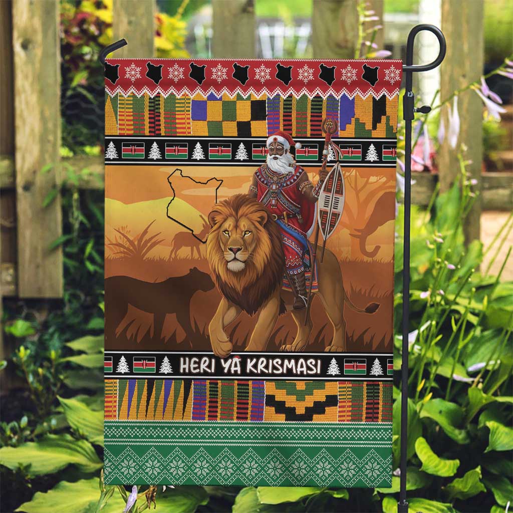 Kenya Safari Christmas Garden Flag Black Santa Riding Lion - Heri ya Krismasi - Wonder Print Shop