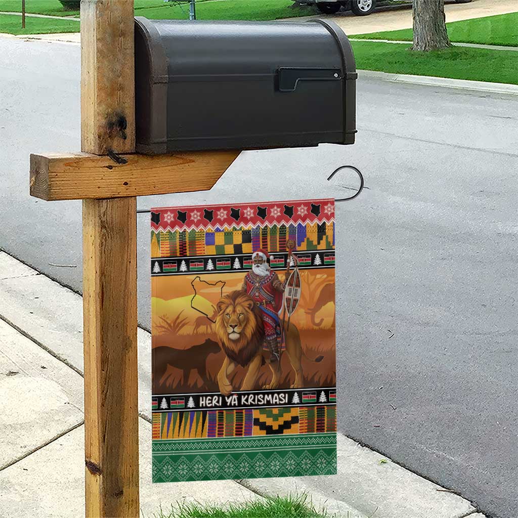Kenya Safari Christmas Garden Flag Black Santa Riding Lion - Heri ya Krismasi - Wonder Print Shop