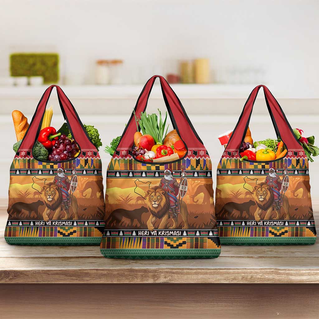 Kenya Safari Christmas Grocery Bag Black Santa Riding Lion - Heri ya Krismasi - Wonder Print Shop