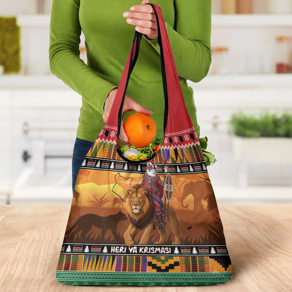 Kenya Safari Christmas Grocery Bag Black Santa Riding Lion - Heri ya Krismasi - Wonder Print Shop