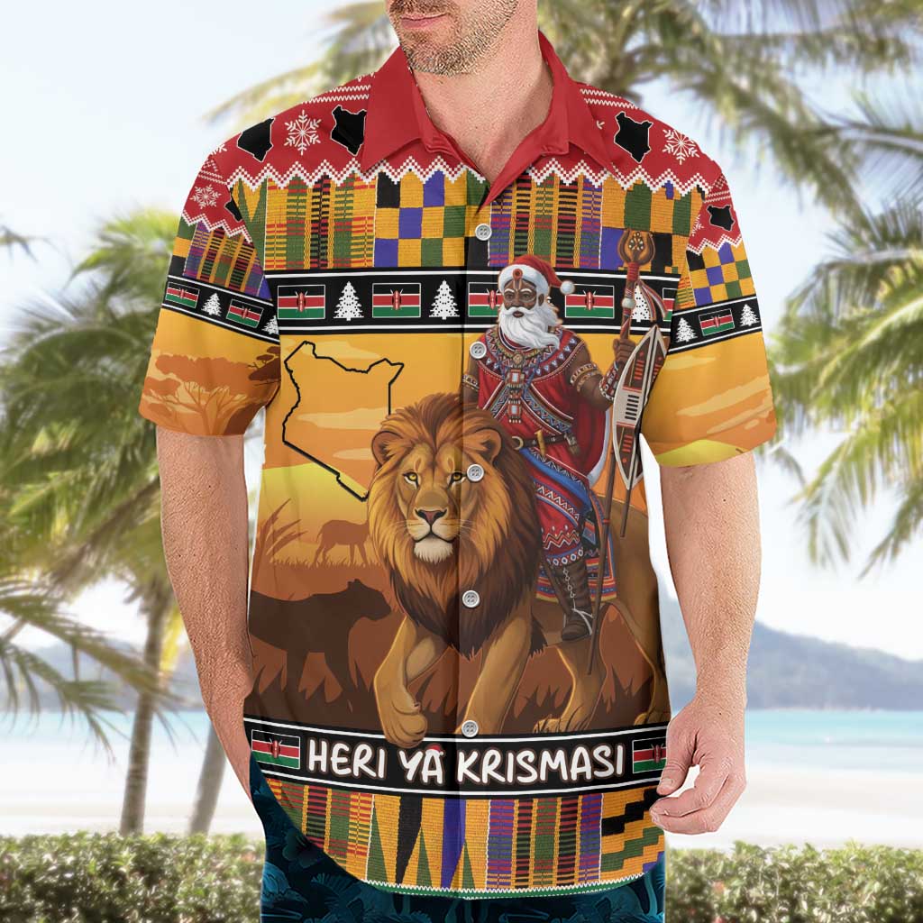 Kenya Safari Christmas Hawaiian Shirt Black Santa Riding Lion - Heri ya Krismasi - Wonder Print Shop