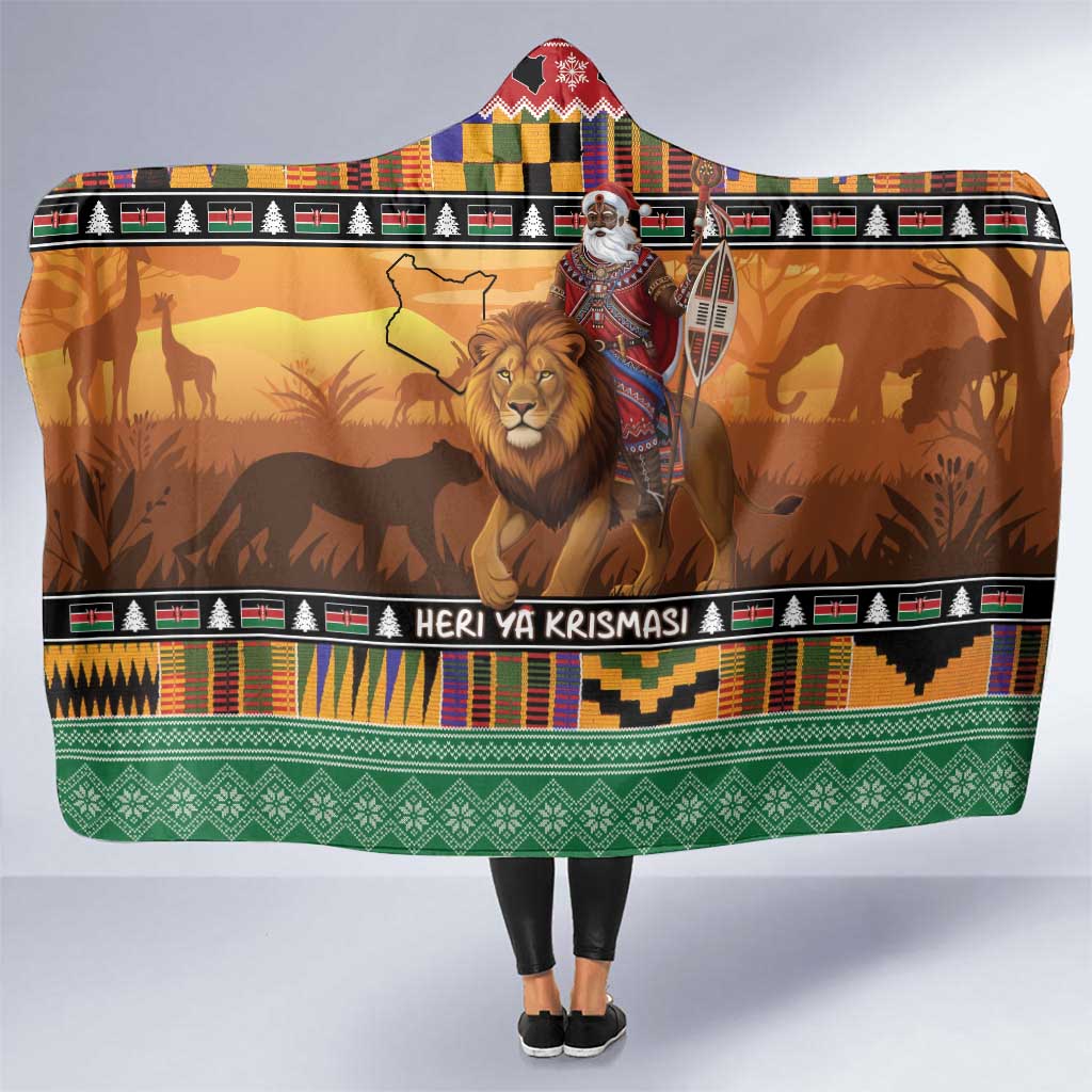 Kenya Safari Christmas Hooded Blanket Black Santa Riding Lion - Heri ya Krismasi - Wonder Print Shop